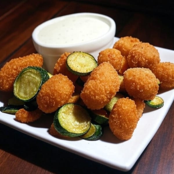 A plate of golden-brown fried zucchini and breaded cheese curds with a side of ranch dressing.